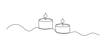 Candle with flame one line drawing, symbol of spa, continuous line isolated sketch, border vector