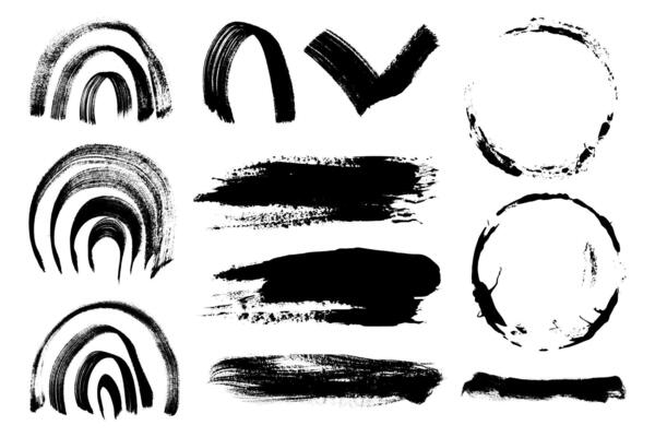 Black paintbrush circles, lines, rainbow shapes collection. Black dry ink stamp brushes, grunge design element. Rough acrylic dirty brush silhouette set