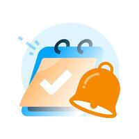 Calendar with check mark and bell icon illustration. Reminder and notification concept for completed tasks, schedule alerts, to do list, or upcoming events. Flat design for planning, time management vector