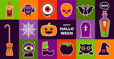 Halloween Banner. Mosaic Style with Outline Icons and Seamless Pattern. vector