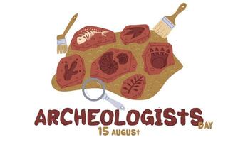 Day Archaeologist on August 15 objects for excavation. Flat color illustration. Fossils, dinosaur prints, shells, bones. for postcards, posters, articles, blogs, educational materials. Horizontal vector