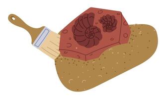 Fossils with a shell on the sand with an architect's brush. a paleontological find. Historical finds. Suitable for decorating books and posters on paleontology, plant and animal history vector
