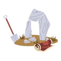 Menhirs, Stonehenge, large stones in sand. A shovel and a map for excavation. An archaeological find. It is suitable for books, articles, posters and presentations on topics, history, excavations vector