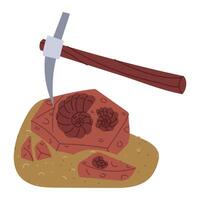 Fossils with shells in sand with an archaeologist's pickaxe. paleontological find. Historical finds. It is suitable for decorating books and posters on topics of paleontology, plant and animal history vector