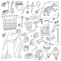 set of doodle illustrations of archaeological objects. Collection of historical finds is monochrome. For educational projects, infographics, books, presentations, design on historical topics vector