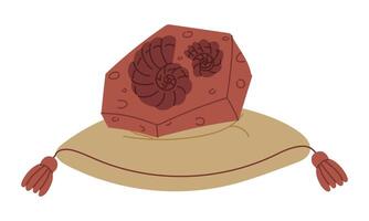 fossil with a shell print in a stone on a pillow as an exhibit in the museum. An archaeological find. Flat color illustration. scientific projects, encyclopedias, museum exhibitions, history vector