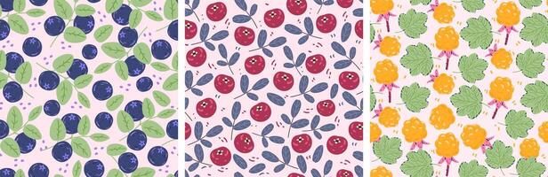 Set of botanical seamless patterns with northern ripe berries blueberry, cranberry, cloudberry and leaves. vector