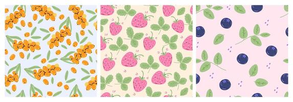 Set of botanical seamless patterns with ripe berries blueberry, strawberry, sea-buckthorn and leaves. vector