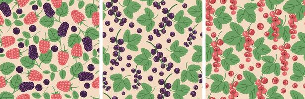 Set of botanical seamless patterns with ripe berries black currant, red currant, raspberry, blackberry, blueberry and leaves. vector