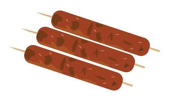 Satay skewers, grilled meat on wooden sticks, Seekh Kababs on skewers, Sausages on sticks, shish kebabs illustration isolated on a white background vector