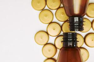 Brown plastic bottles with corks for beer,kvass,lemonade,ale,malt photo