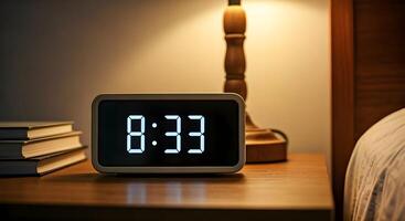 Digital alarm clock showing 833 o'clock on bedside table indoors photo