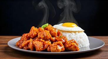 Crispy orange chicken coated in sweet and spicy sauce, plated with sunny side up egg and fluffy rice. photo