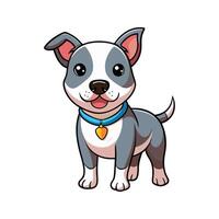 Cartoon illustration of a smiling pit bull puppy wearing a blue collar with a tag vector