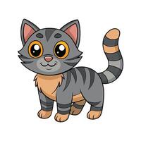 Cute cartoon illustration of a happy gray tabby cat with large orange eyes and smiling expression. vector