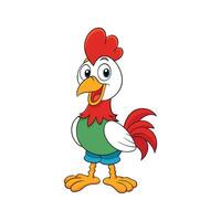Cheerful cartoon rooster character with red comb and tail standing upright on a white background. vector