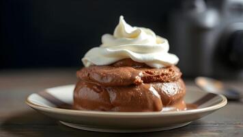 Rich and smooth chocolate mousse with soft peaks of whipped cream served in an elegant bowl. photo