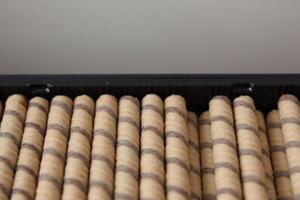 Cylindrical rolled pastries arranged neatly in a black tray ready for serving photo