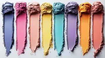 Vibrant powder colors arranged in stripes on a white background showcasing a spectrum from purple to orange photo