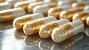 Gold and white capsules arranged neatly on a reflective surface shining under bright light photo