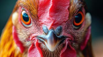 Close-up view of a rooster showcasing vibrant feathers and striking eyes in a natural outdoor environment photo