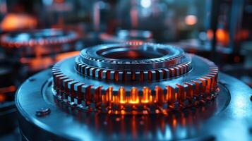 Complex machinery components in a dynamic industrial setting illuminated by glowing lights photo
