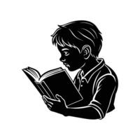 Silhouette illustration of a young boy immersed in reading a book with focused concentration vector