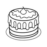 Simple black and white illustration of a layered cake with icing on a white background vector