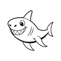Happy smiling cartoon shark graphic in black and white outlined illustration vector