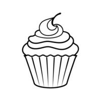 Simple black and white outline illustration of a delicious frosted cupcake in a paper liner vector