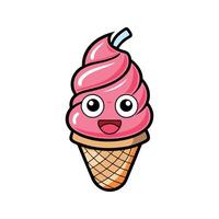 Adorable and happy cartoon ice cream cone illustration with pink swirls and a friendly face vector