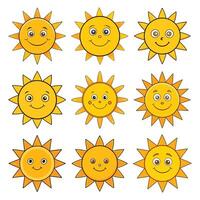 Smiling cartoon sun characters in various styles for children educational resources vector