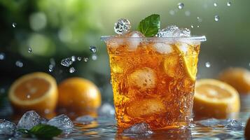a glass of iced tea with ice and lemon slices photo