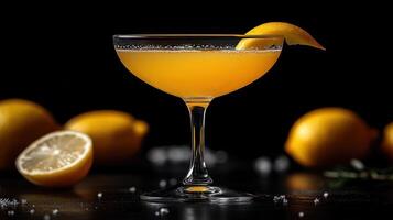 a cocktail with a lemon garnish on a black background photo