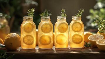 five bottles of lemonade with sprigs of rosemary photo