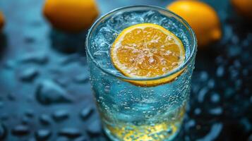a glass of water with a lemon slice in it photo