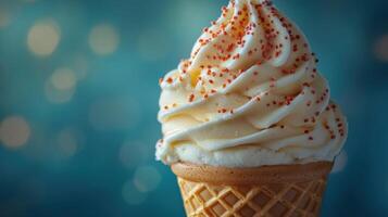 ice cream cone with white frosting and sprinkles photo
