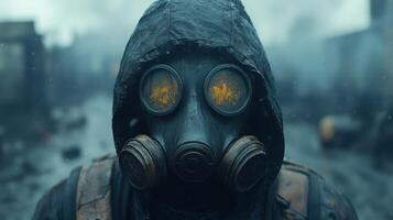 a man wearing a gas mask in the rain photo
