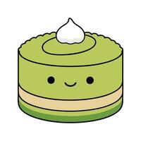 Cute smiling matcha cake dessert with cream topping isolated on white background vector