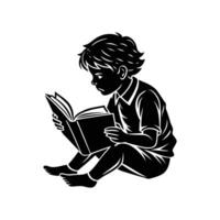 Silhouette illustration of a young boy concentrating while reading a book quietly vector
