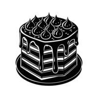 Delicious layered chocolate cake with whipped cream topping in monochrome graphic design. vector