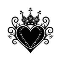 Elegant black heart and crown design with ornamental swirls on white background vector