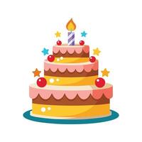 Colorful three tier birthday cake with lit candle festive decorations and white background vector