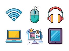 Colorful modern icons representing technology devices and online education tools in a simple style vector