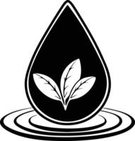 Minimal leaf and water droplet icon in black and white line art vector