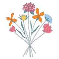 Bright bouquet of wildflowers. Bunch with cyclamen, matthiola, different meadow flowers, and blooming wild plants. Botanical hand drawn elements for design projects, illustration vector