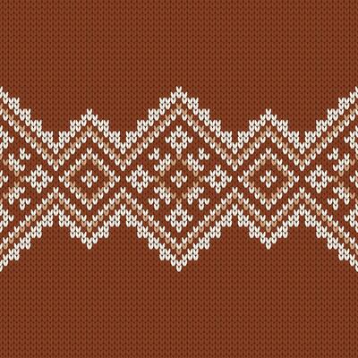 Scandinavian brown knitted seamless pattern. Norwegian native style sweater, ornament with snowflakes. Fair Isle design. Wool texture. Winter holiday background, illustrations