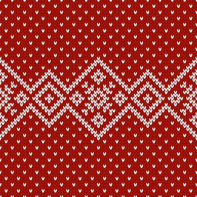 Scandinavian red knitted seamless pattern. Norwegian native style sweater, ornament with snowflakes. Fair Isle design. Wool texture. Winter holiday background, illustrations