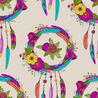 Seamless pattern with hand drawn dreamcatchers and flowers. Boho style. Pattern for textile, packaging, greeting card, invitation. Bohemian talisman. American native tribe amulet, illustration vector