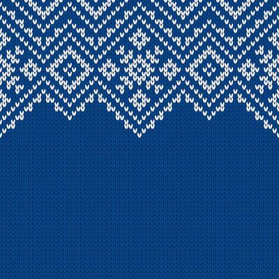 Knitwear texture. Template with empty place for text, blue white bg. Traditional seasonal seamless background for holiday design. Winter knitted wool sweater pattern with snowflakes. Christmas